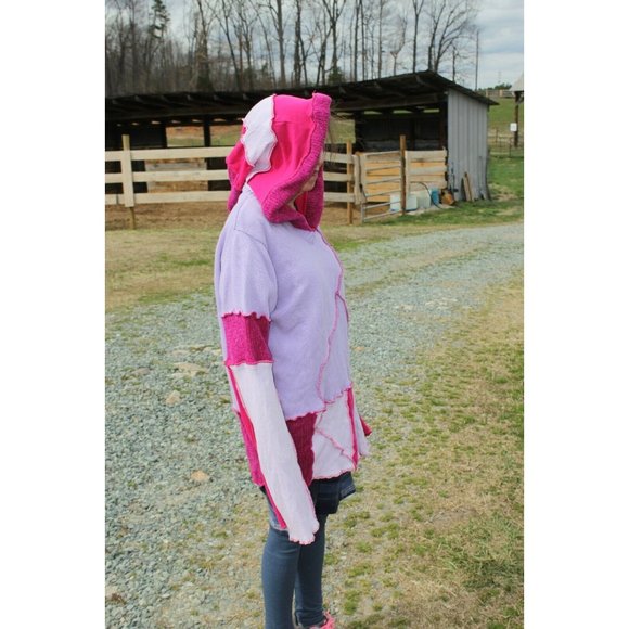 Upcycled Sweater Pink Red LL Bean Heavy XL/XXL 23" Bust Hooded Elven Fairy Boho - Picture 7 of 12